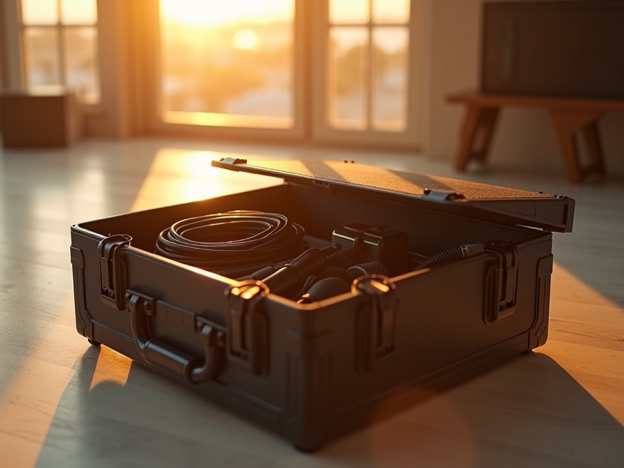 Coiled cables and a microphone packed into an open flight case