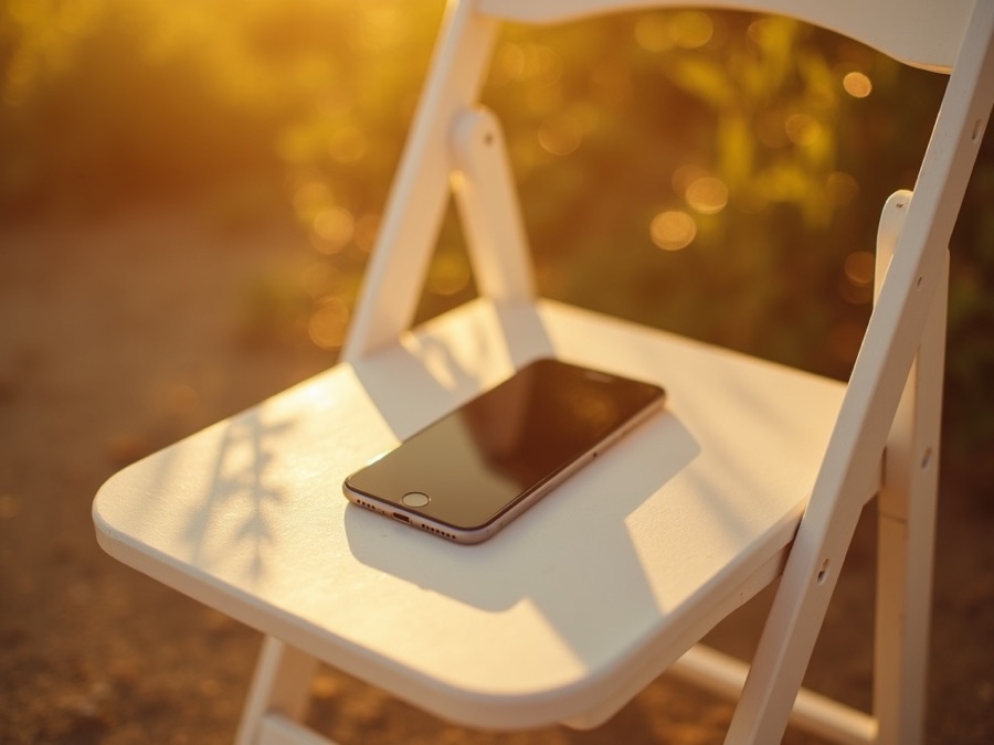 A smartphone resting on a white folding chair in golden morning light