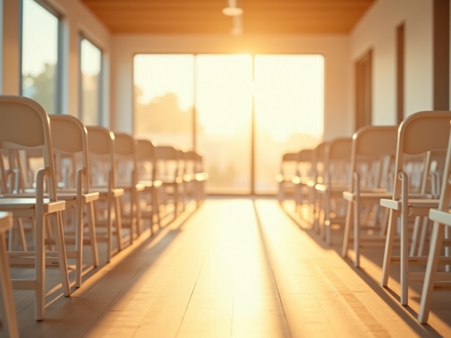 Folding chairs being set out in an empty hall, morning light from high windows