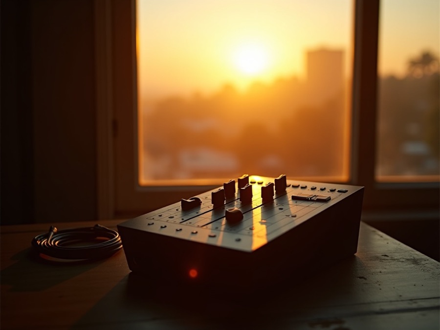 A sound desk with a cable resting beside the faders