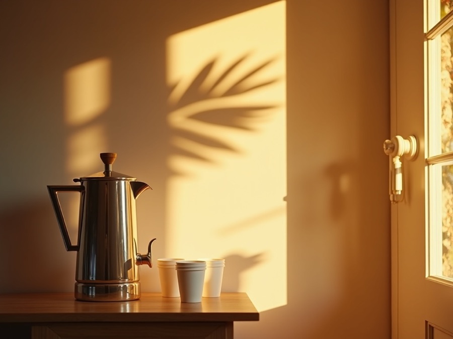 A coffee urn and a row of paper cups on a table by the doorway